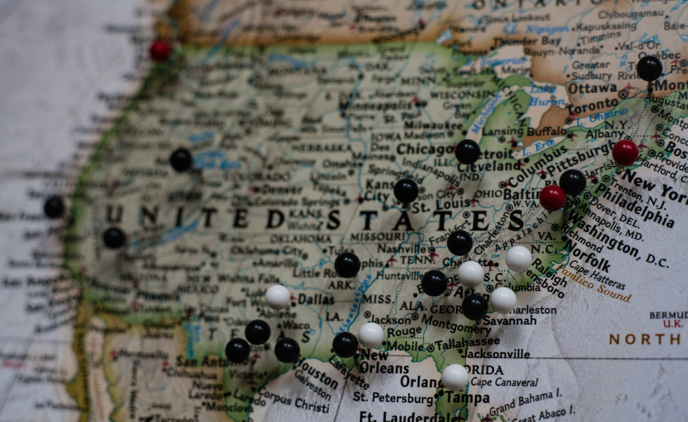 a united states of america map with pins focused